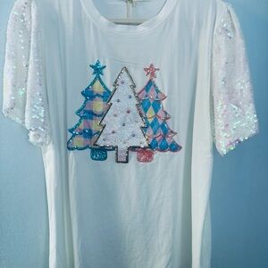 Southern Grace White Tee with Sequin Sleeves and Colorful Tree Design
